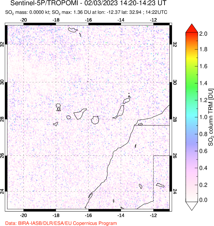 A sulfur dioxide image over Canary Islands on Feb 03, 2023.