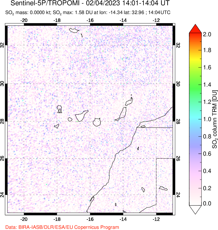 A sulfur dioxide image over Canary Islands on Feb 04, 2023.