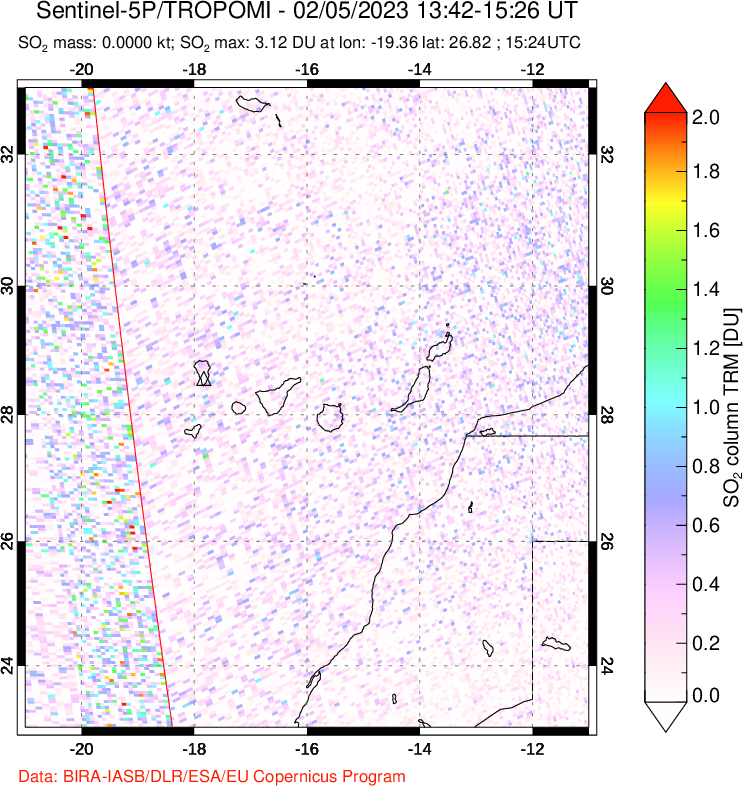 A sulfur dioxide image over Canary Islands on Feb 05, 2023.