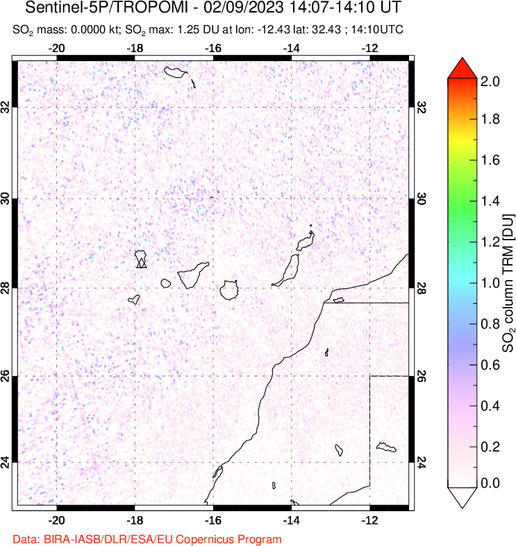 A sulfur dioxide image over Canary Islands on Feb 09, 2023.