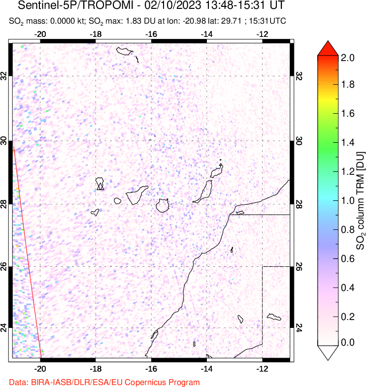 A sulfur dioxide image over Canary Islands on Feb 10, 2023.