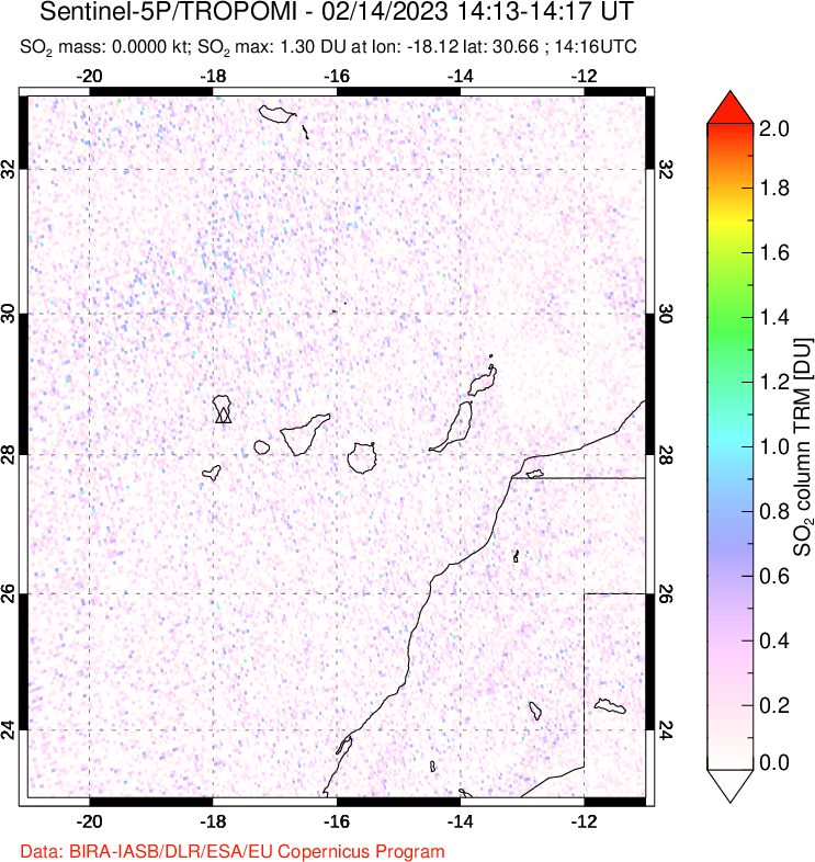 A sulfur dioxide image over Canary Islands on Feb 14, 2023.
