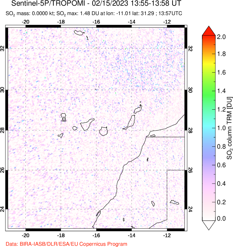 A sulfur dioxide image over Canary Islands on Feb 15, 2023.