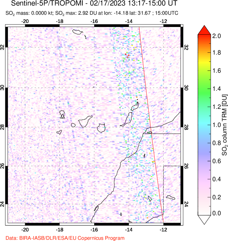 A sulfur dioxide image over Canary Islands on Feb 17, 2023.