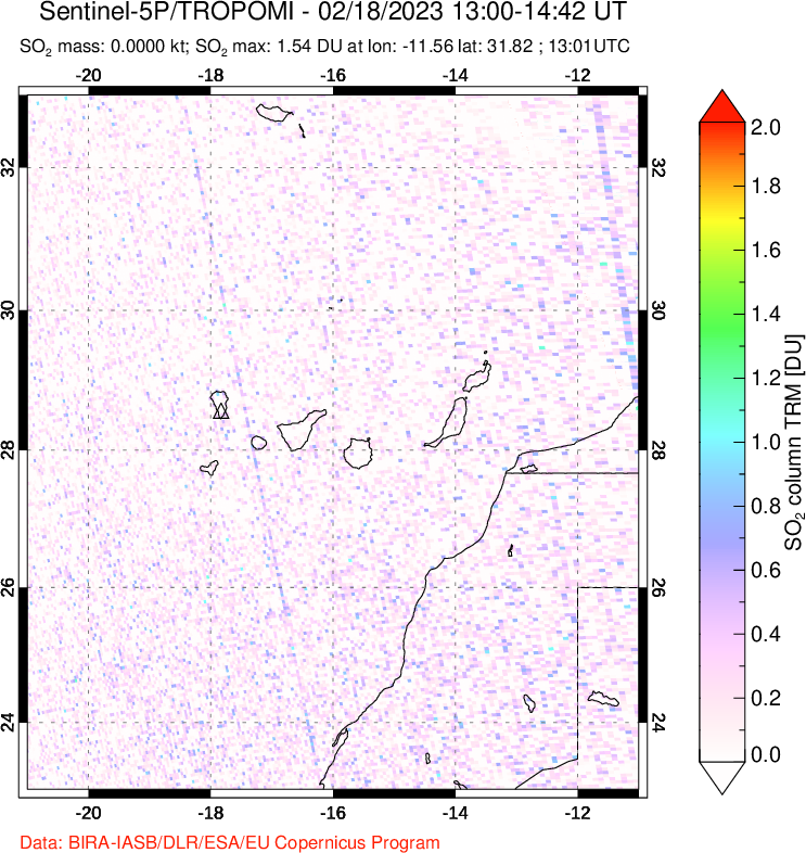 A sulfur dioxide image over Canary Islands on Feb 18, 2023.