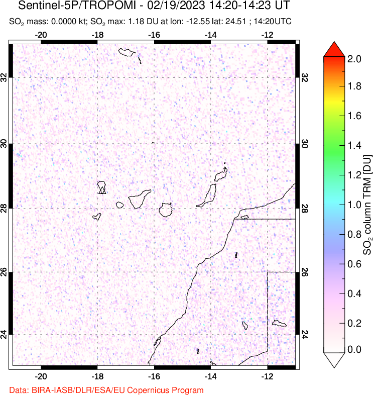 A sulfur dioxide image over Canary Islands on Feb 19, 2023.