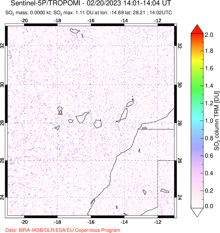 A sulfur dioxide image over Canary Islands on Feb 20, 2023.