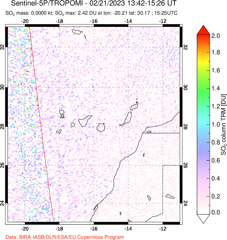 A sulfur dioxide image over Canary Islands on Feb 21, 2023.