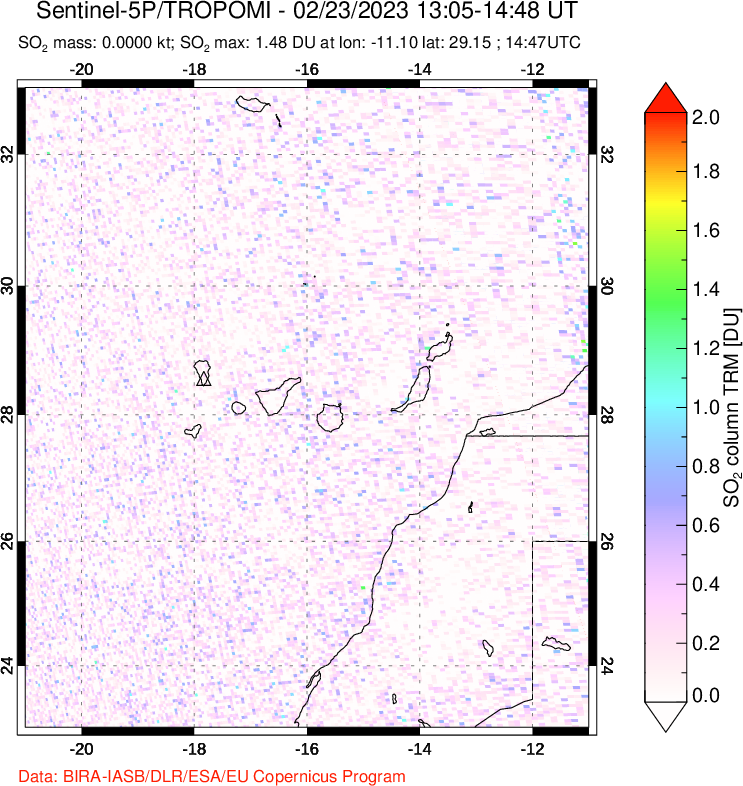 A sulfur dioxide image over Canary Islands on Feb 23, 2023.