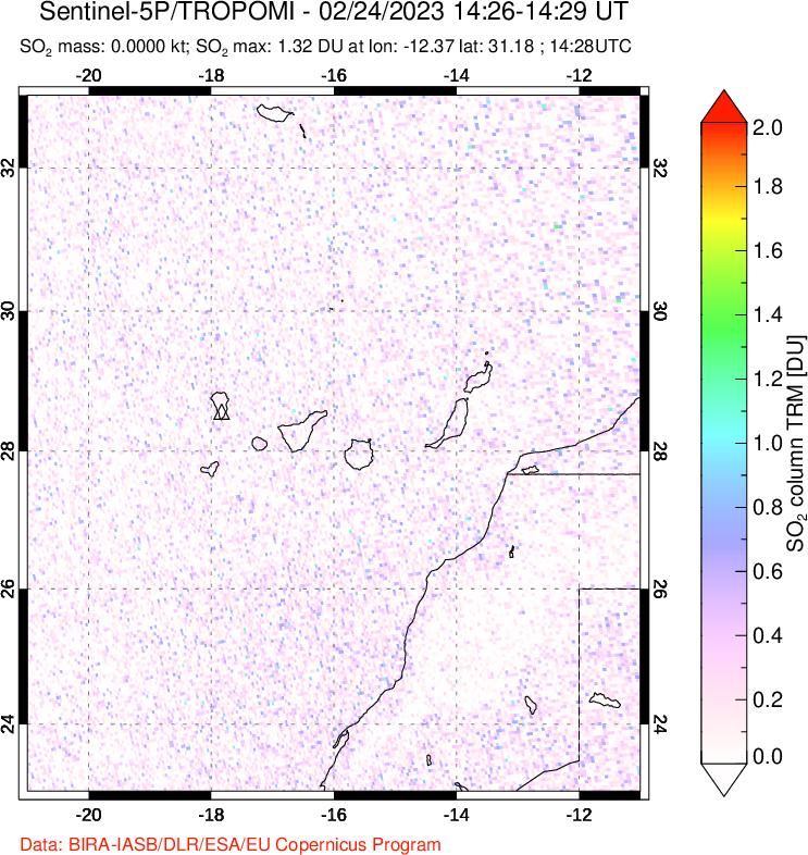 A sulfur dioxide image over Canary Islands on Feb 24, 2023.