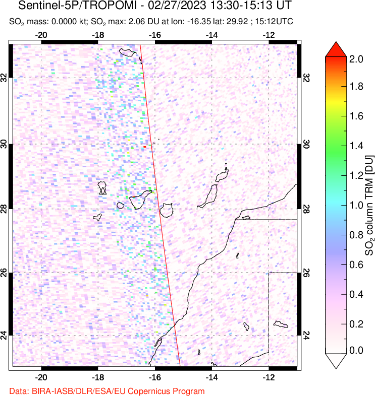 A sulfur dioxide image over Canary Islands on Feb 27, 2023.