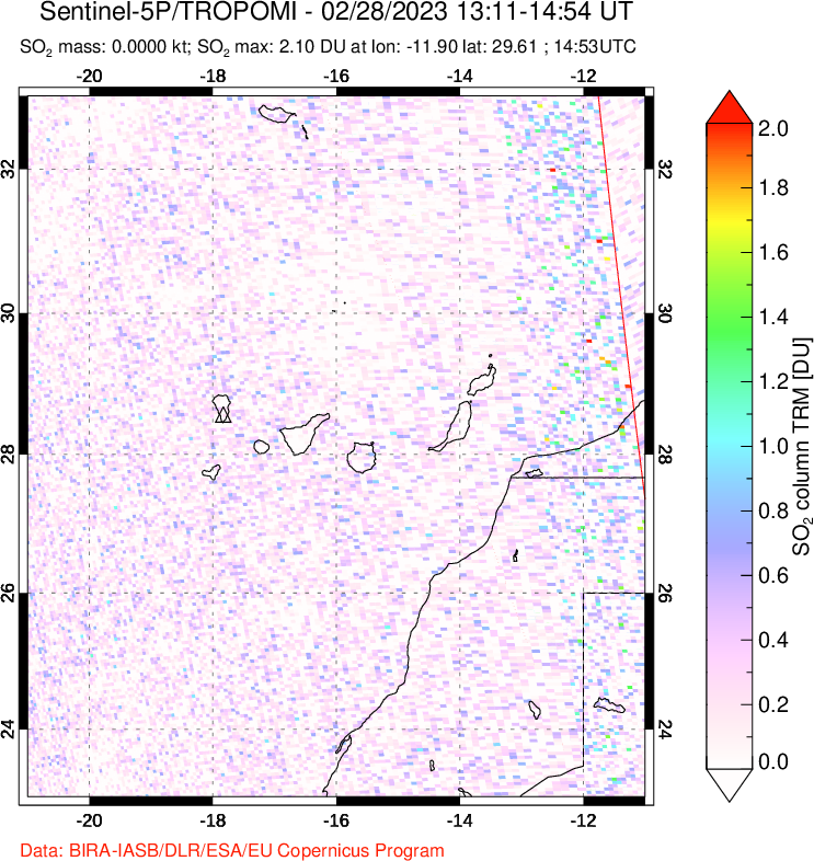 A sulfur dioxide image over Canary Islands on Feb 28, 2023.