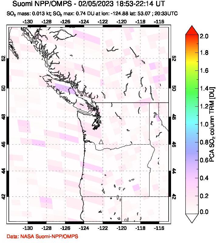 A sulfur dioxide image over Cascade Range, USA on Feb 05, 2023.