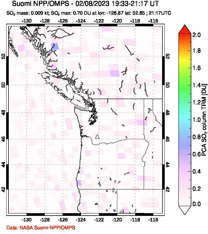 A sulfur dioxide image over Cascade Range, USA on Feb 08, 2023.