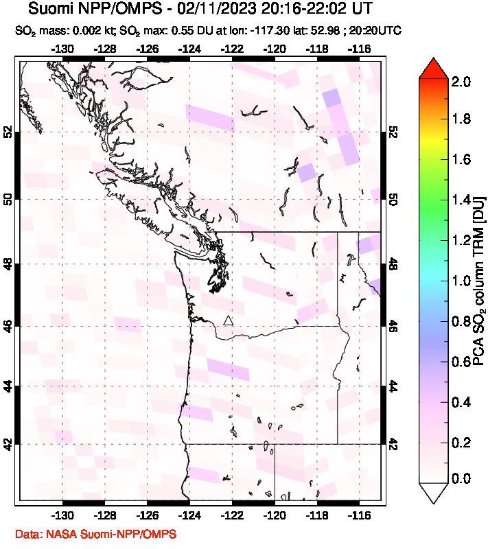 A sulfur dioxide image over Cascade Range, USA on Feb 11, 2023.