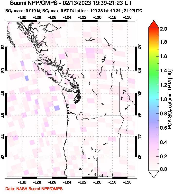 A sulfur dioxide image over Cascade Range, USA on Feb 13, 2023.