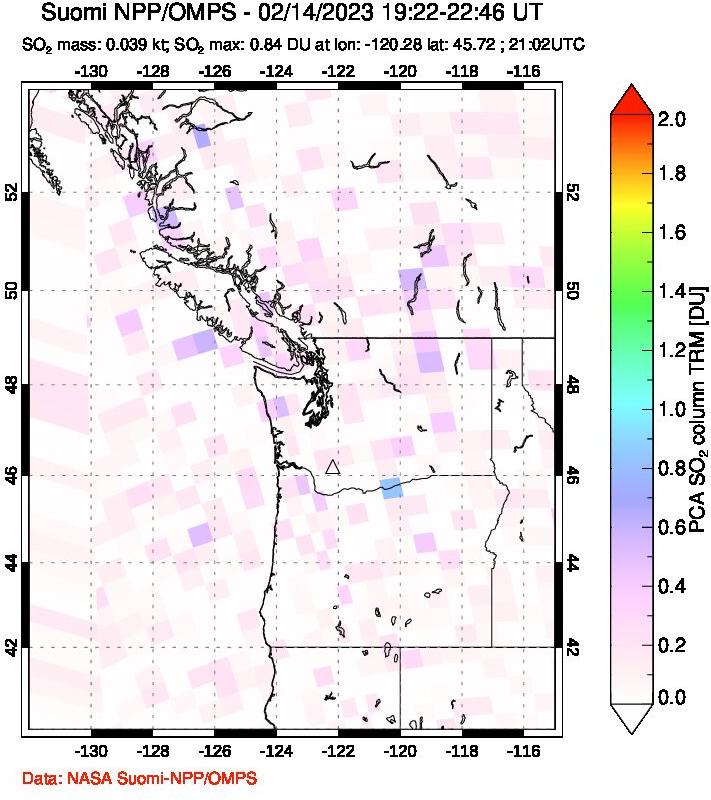 A sulfur dioxide image over Cascade Range, USA on Feb 14, 2023.