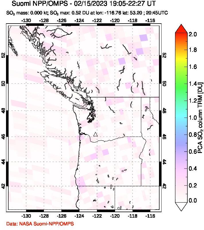A sulfur dioxide image over Cascade Range, USA on Feb 15, 2023.