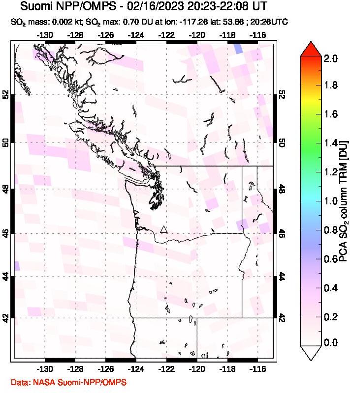 A sulfur dioxide image over Cascade Range, USA on Feb 16, 2023.