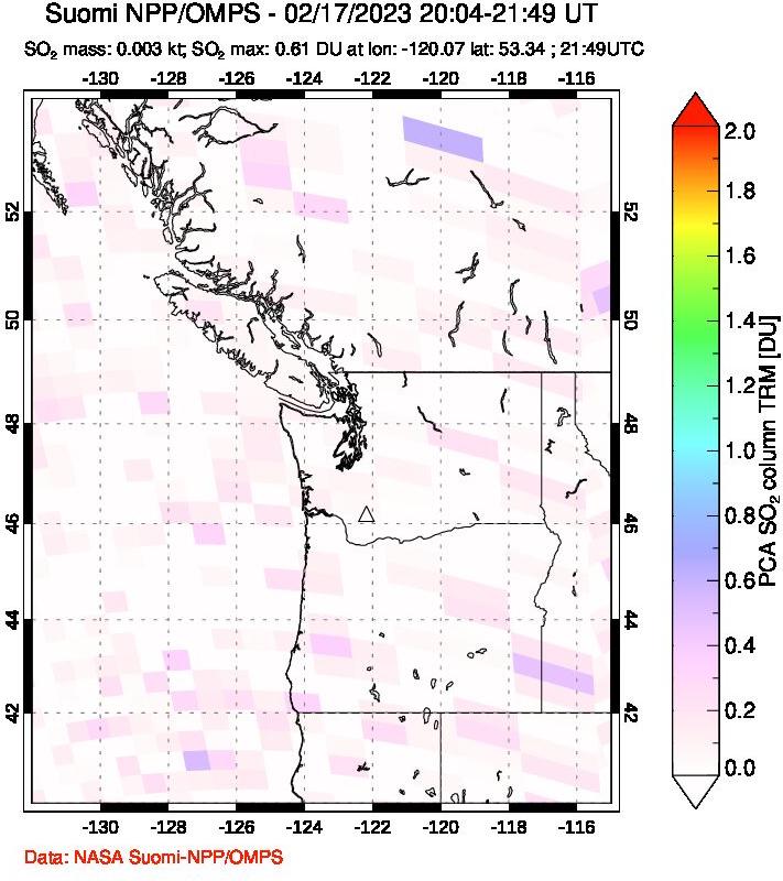 A sulfur dioxide image over Cascade Range, USA on Feb 17, 2023.
