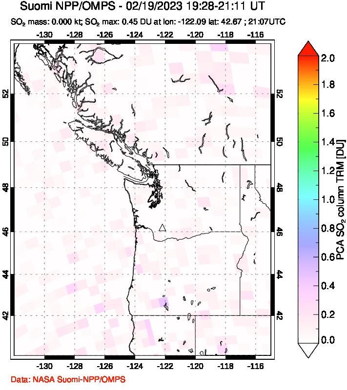 A sulfur dioxide image over Cascade Range, USA on Feb 19, 2023.