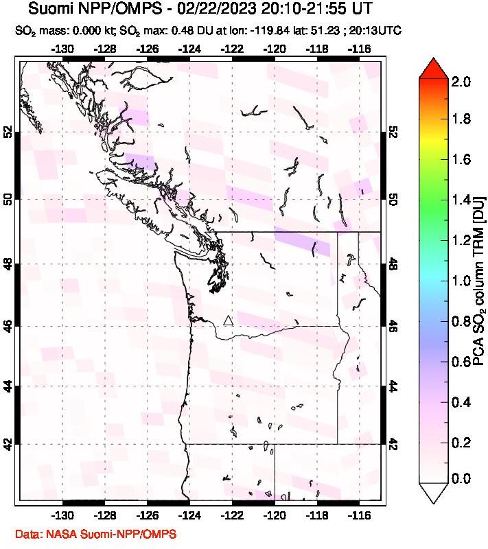 A sulfur dioxide image over Cascade Range, USA on Feb 22, 2023.