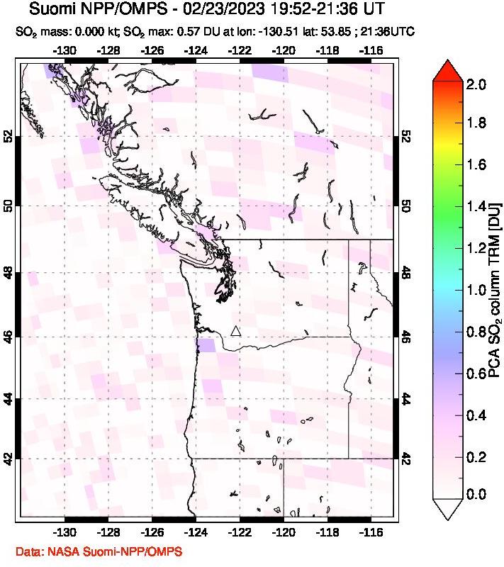A sulfur dioxide image over Cascade Range, USA on Feb 23, 2023.
