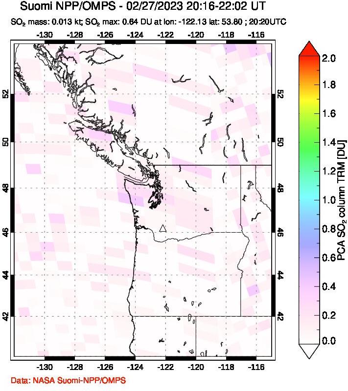 A sulfur dioxide image over Cascade Range, USA on Feb 27, 2023.