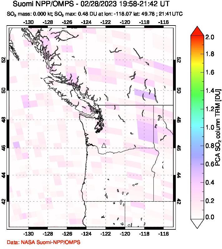 A sulfur dioxide image over Cascade Range, USA on Feb 28, 2023.