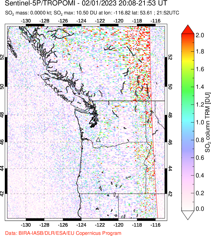 A sulfur dioxide image over Cascade Range, USA on Feb 01, 2023.