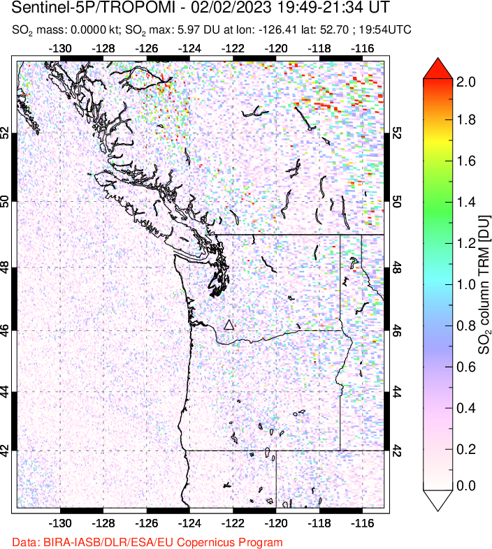 A sulfur dioxide image over Cascade Range, USA on Feb 02, 2023.