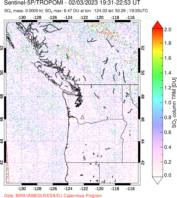 A sulfur dioxide image over Cascade Range, USA on Feb 03, 2023.