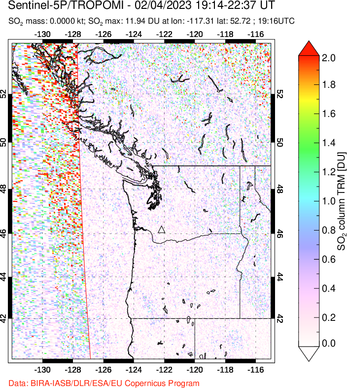 A sulfur dioxide image over Cascade Range, USA on Feb 04, 2023.