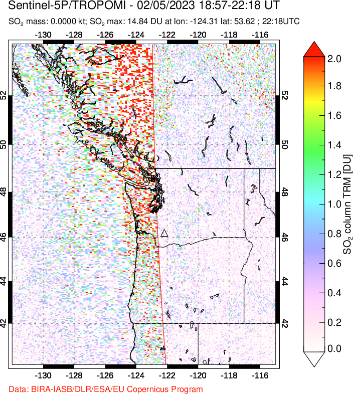 A sulfur dioxide image over Cascade Range, USA on Feb 05, 2023.