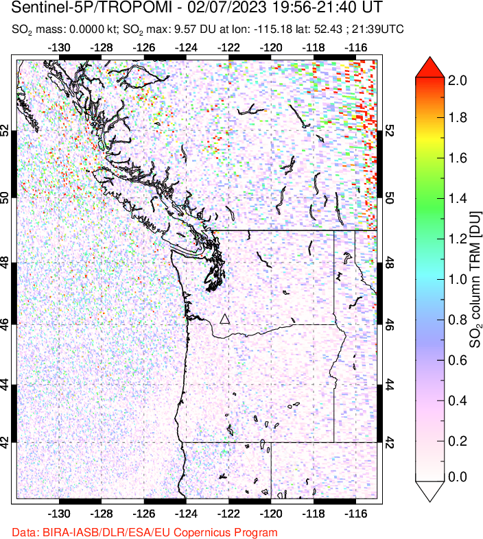 A sulfur dioxide image over Cascade Range, USA on Feb 07, 2023.