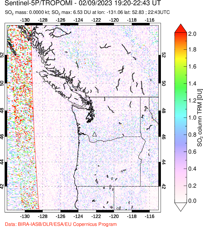 A sulfur dioxide image over Cascade Range, USA on Feb 09, 2023.