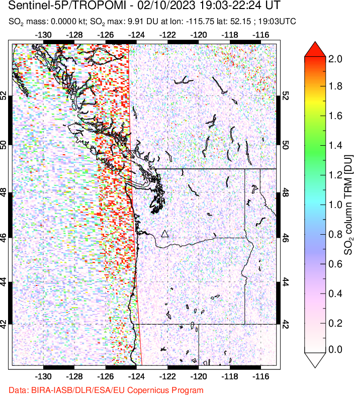 A sulfur dioxide image over Cascade Range, USA on Feb 10, 2023.