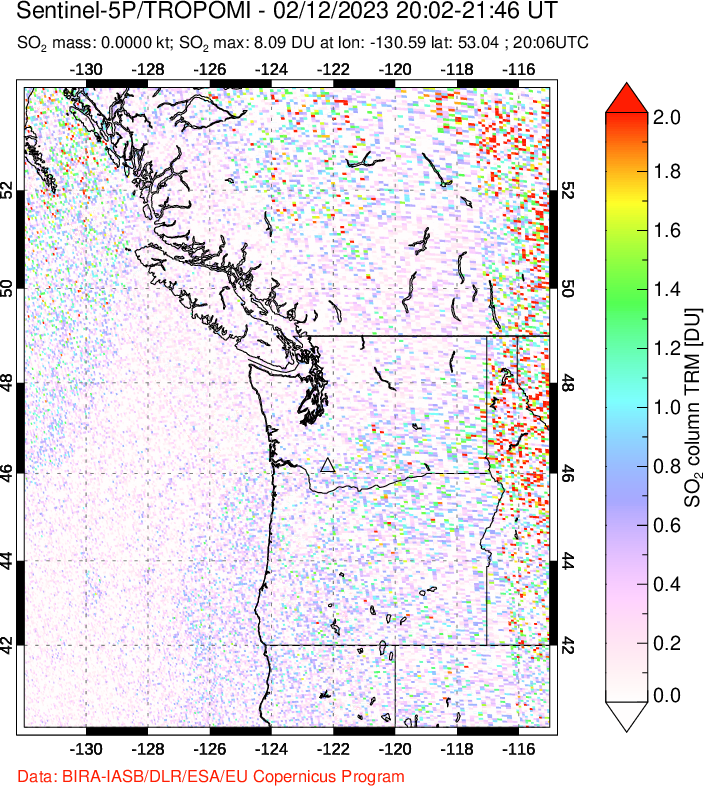 A sulfur dioxide image over Cascade Range, USA on Feb 12, 2023.