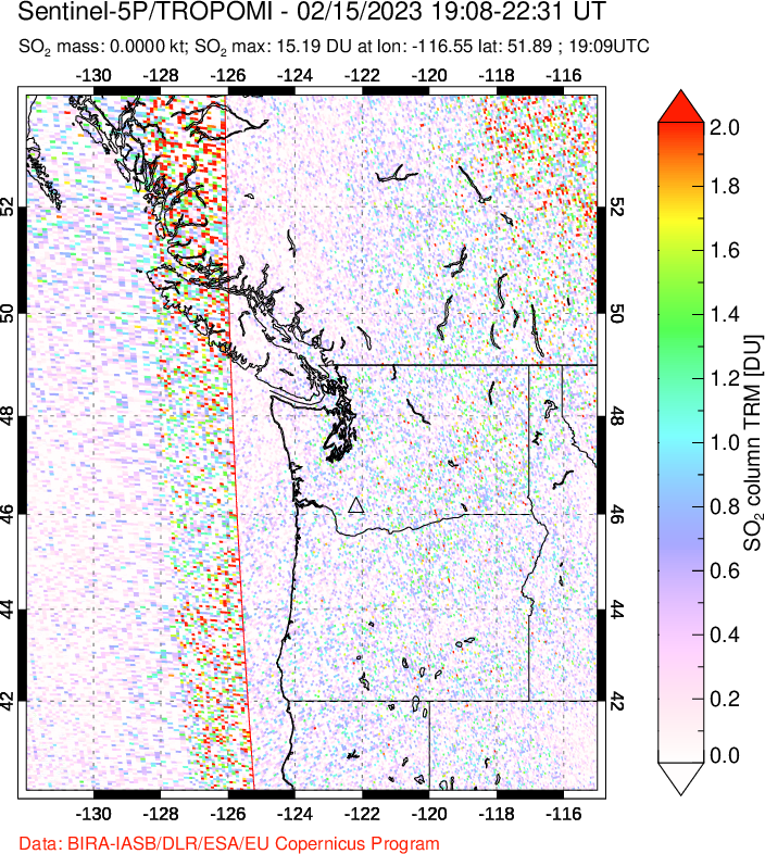 A sulfur dioxide image over Cascade Range, USA on Feb 15, 2023.