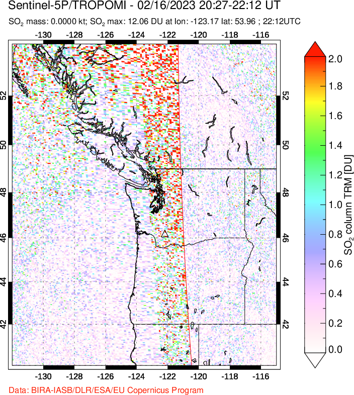 A sulfur dioxide image over Cascade Range, USA on Feb 16, 2023.