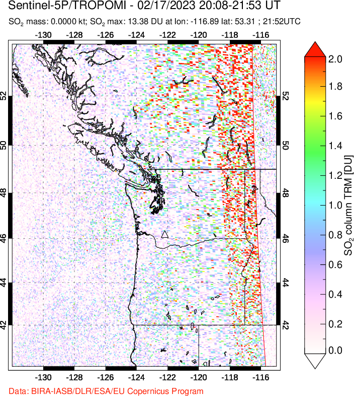 A sulfur dioxide image over Cascade Range, USA on Feb 17, 2023.