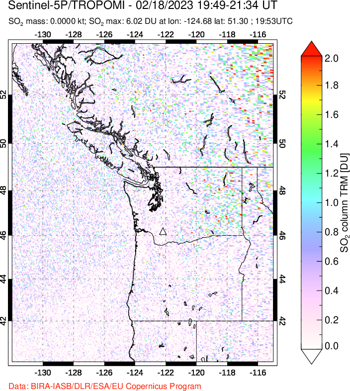 A sulfur dioxide image over Cascade Range, USA on Feb 18, 2023.