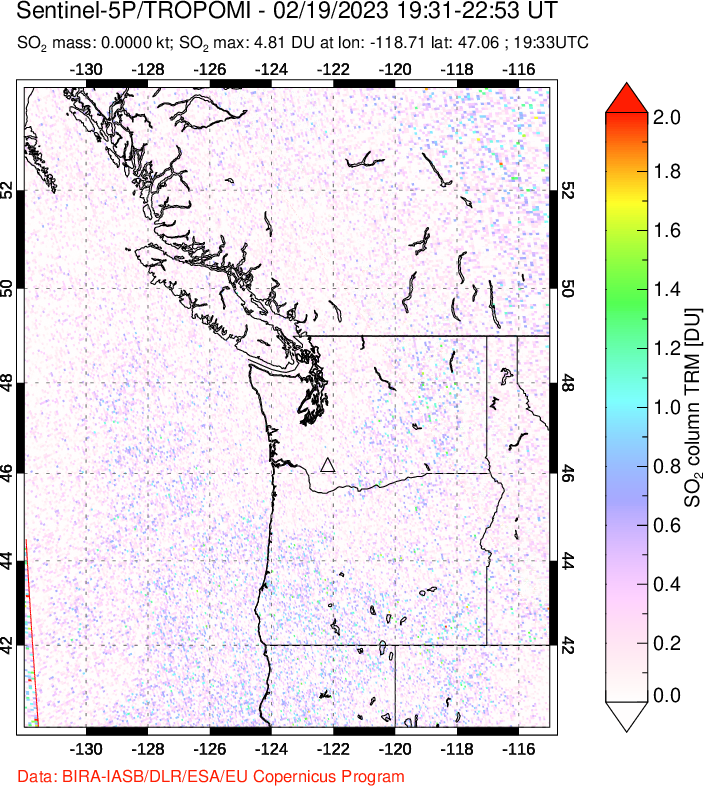 A sulfur dioxide image over Cascade Range, USA on Feb 19, 2023.