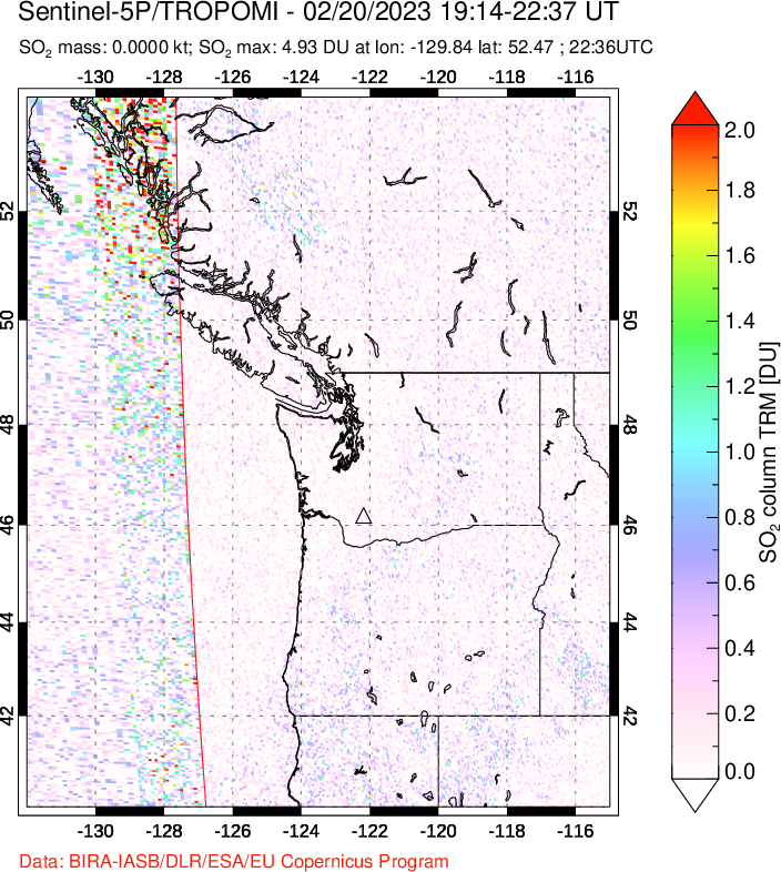 A sulfur dioxide image over Cascade Range, USA on Feb 20, 2023.