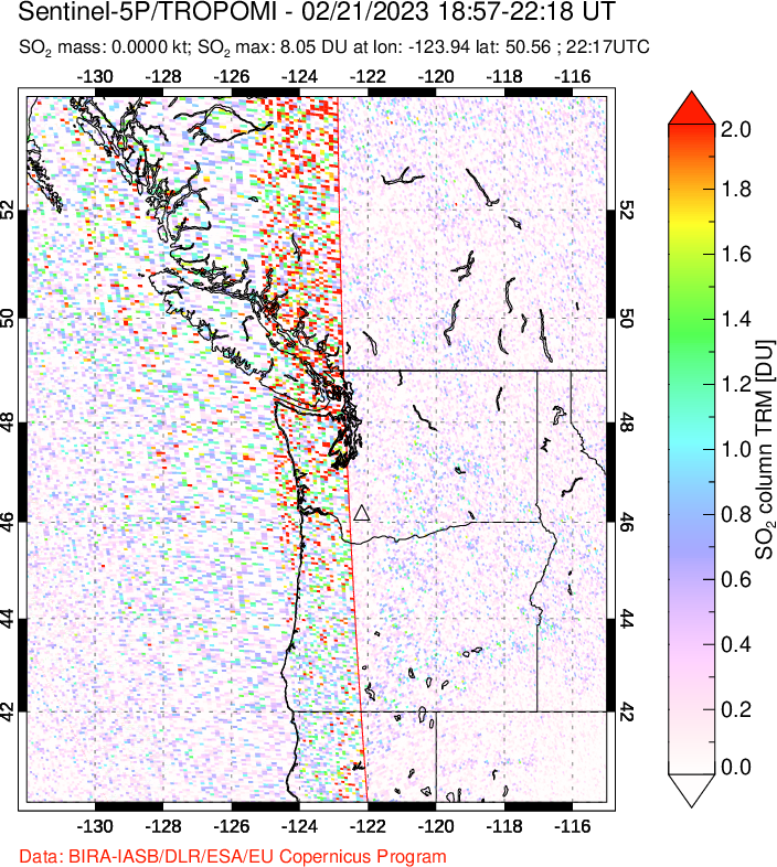 A sulfur dioxide image over Cascade Range, USA on Feb 21, 2023.