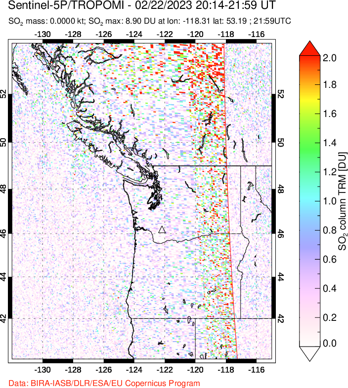 A sulfur dioxide image over Cascade Range, USA on Feb 22, 2023.