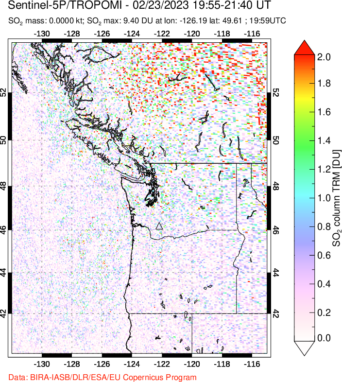 A sulfur dioxide image over Cascade Range, USA on Feb 23, 2023.