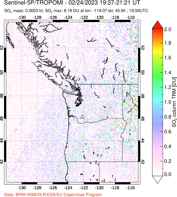 A sulfur dioxide image over Cascade Range, USA on Feb 24, 2023.