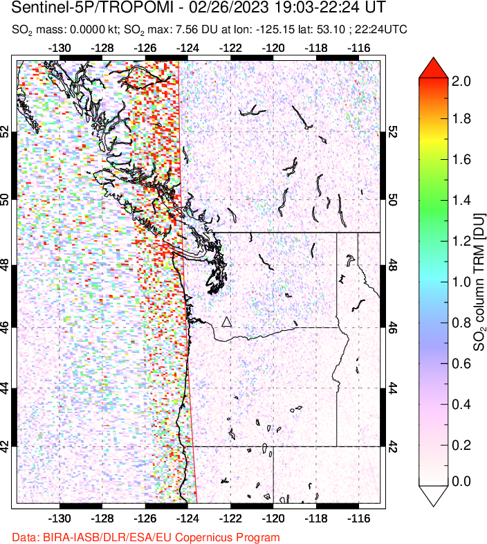 A sulfur dioxide image over Cascade Range, USA on Feb 26, 2023.