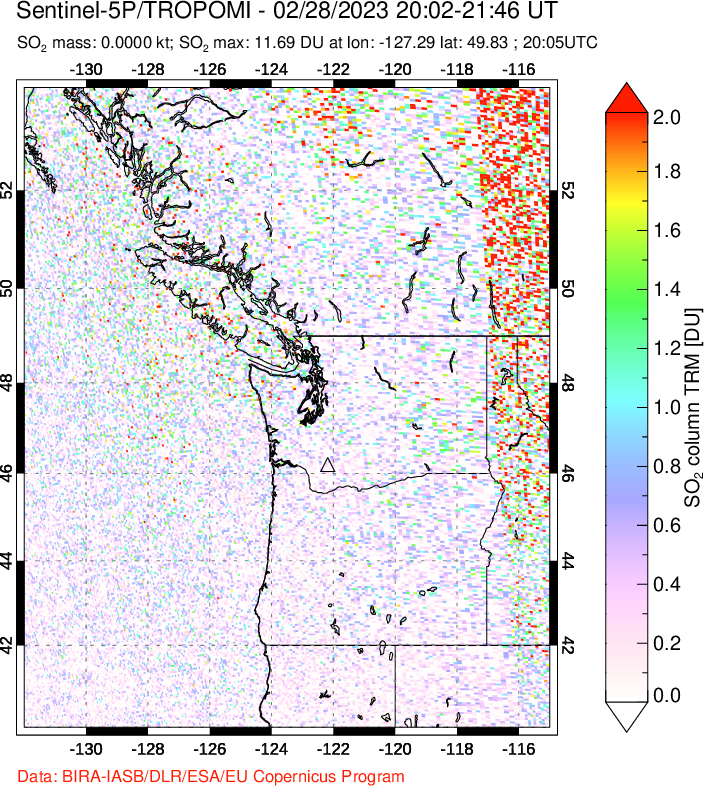 A sulfur dioxide image over Cascade Range, USA on Feb 28, 2023.
